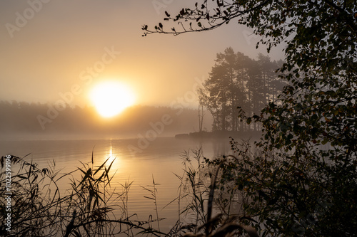 Sunrise a misty calm morning Motala Sweden photo