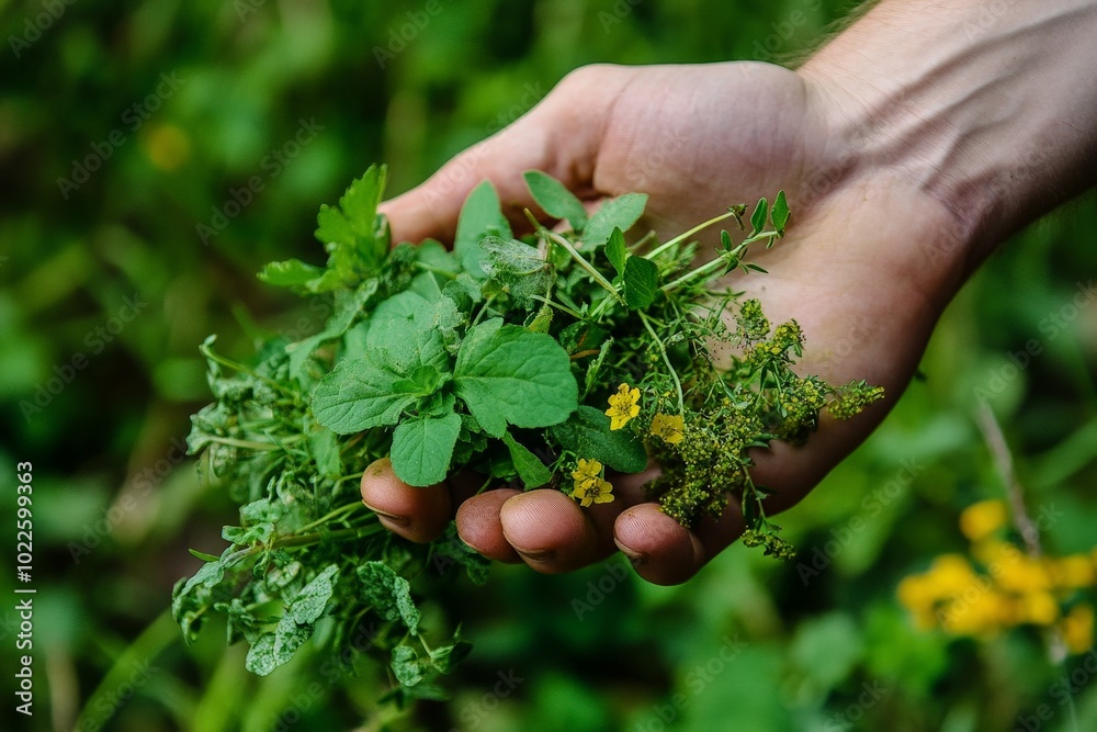 A hand holding freshly picked wild edible plants, ready to be used in a wild food recipe A hand holding freshly picked wild edible plants, ready to be used in a wild food recipe