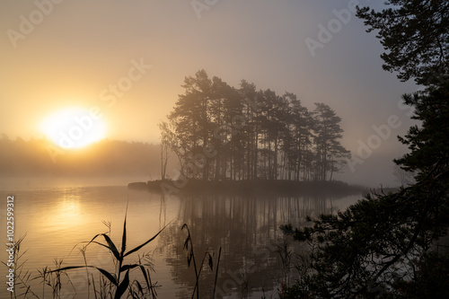 Sunrise a misty calm morning Motala Sweden