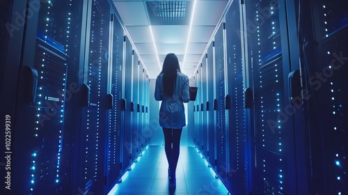 Female IT engineer using laptop while walking through data center server farm for cloud computing maintenance and monitoring