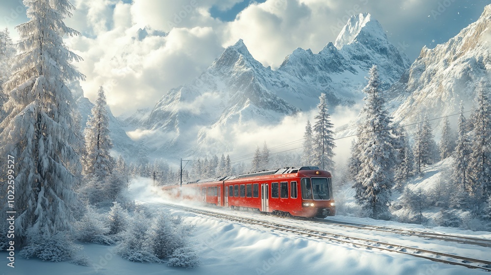 A red train travels through a snowy mountain landscape. A red train travels through a snowy mountain landscape.