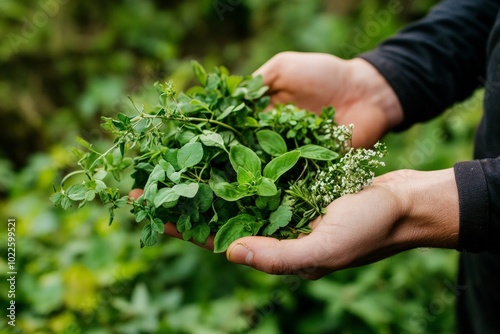 A hand holding freshly picked wild edible plants, ready to be used in a wild food recipe photo