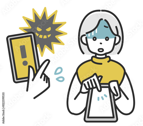 スマートフォンを持って青ざめる中年女性のイラスト