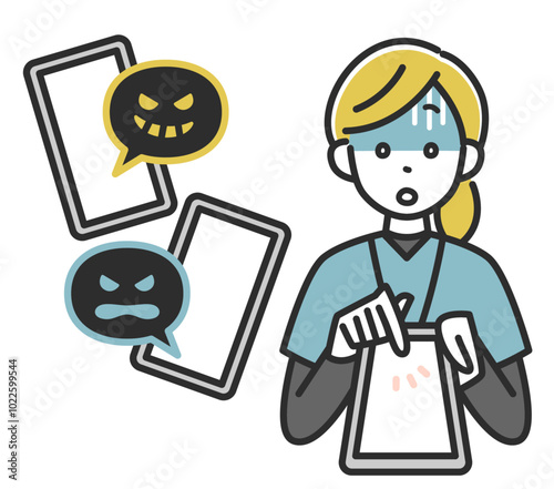 スマートフォンを持って青ざめる女性スタッフのイラスト