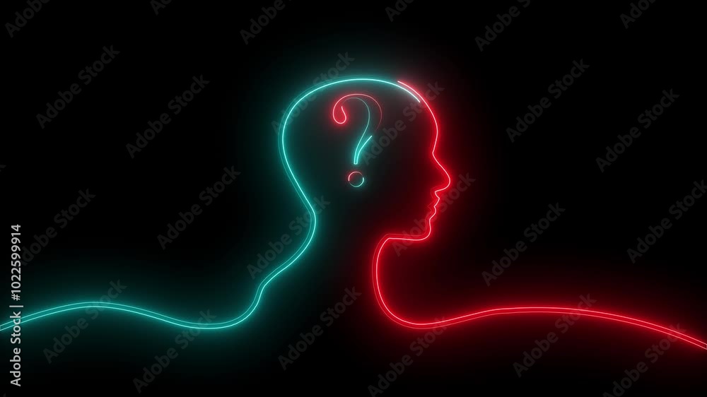 Glowing neon line Human head with question mark icon  on black background. Neon glowing question mark with man head icon.
