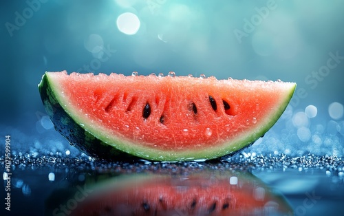 A juicy watermelon slice with water droplets glistening on its surface, ready to be eaten photo