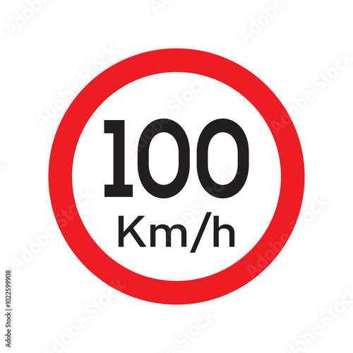 Speed limit 100 KM highway sign. One hundred kilometers per hour traffic road symbol. Restriction sign for car drivers not to exceed the speed over 100 kilometers per hour. Vector illustration.