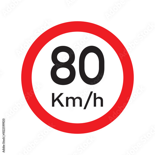 Speed limit 80 KM highway sign. Eighty kilometers per hour traffic road symbol. Restriction sign for car drivers not to exceed the speed over 80 kilometers per hour. Vector illustration.