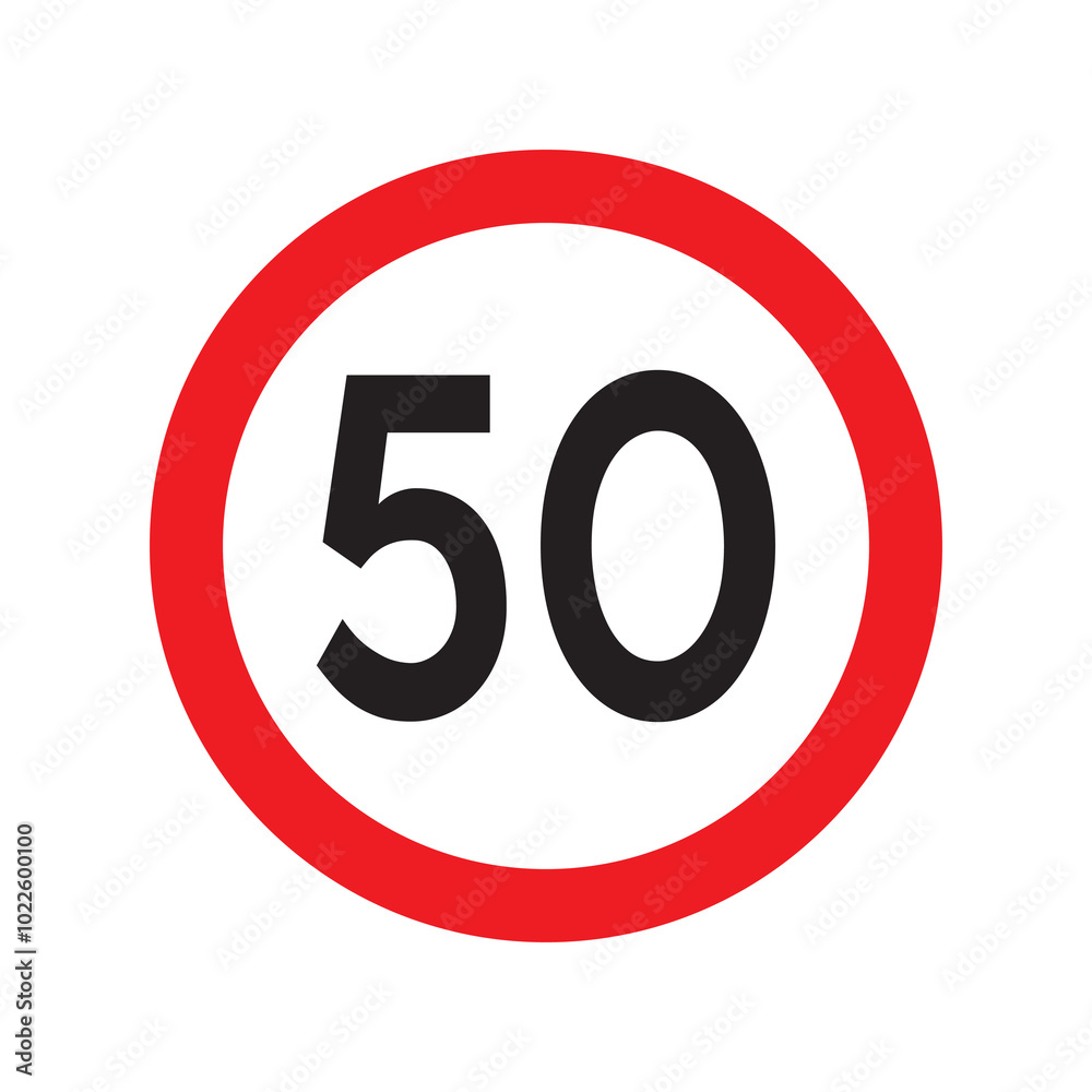 Speed limit 50 traffic sign. Restriction symbol for car drivers. Road speed limit maximum 50 kmh or mph isolated on white background. Vector illustration. Speed limit 50 traffic sign. Restriction symbol for car drivers. Road speed limit maximum 50 kmh or mph isolated on white background. Vector illustration.