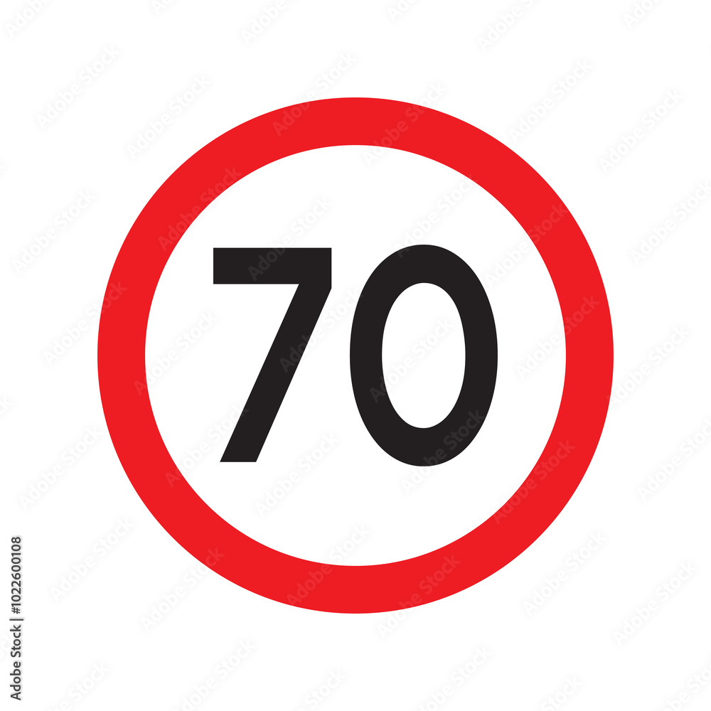 Speed limit 70 traffic sign. Restriction symbol for car drivers. Road speed limit maximum 70 kmh or mph isolated on white background. Vector illustration. Speed limit 70 traffic sign. Restriction symbol for car drivers. Road speed limit maximum 70 kmh or mph isolated on white background. Vector illustration.