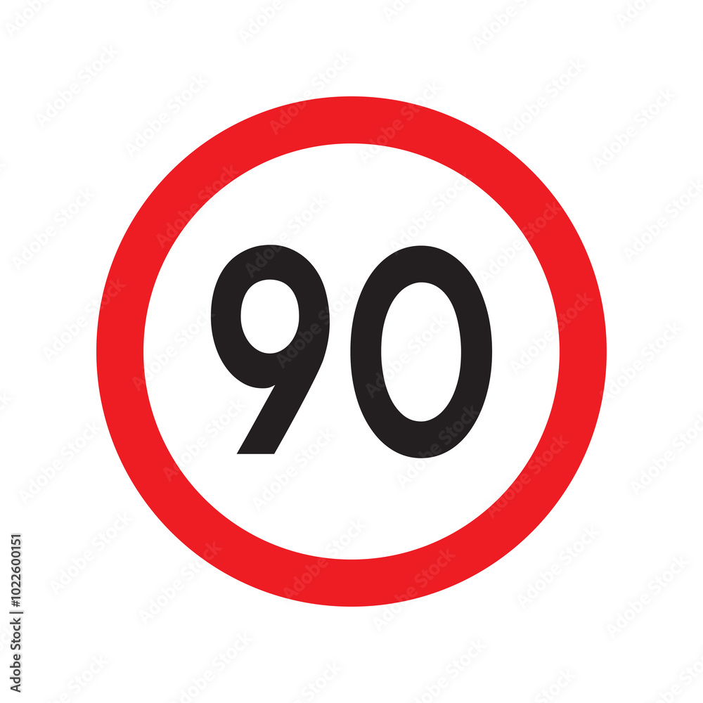 Speed limit 90 traffic sign. Restriction symbol for car drivers. Road speed limit maximum 90 kmh or mph isolated on white background. Vector illustration. Speed limit 90 traffic sign. Restriction symbol for car drivers. Road speed limit maximum 90 kmh or mph isolated on white background. Vector illustration.