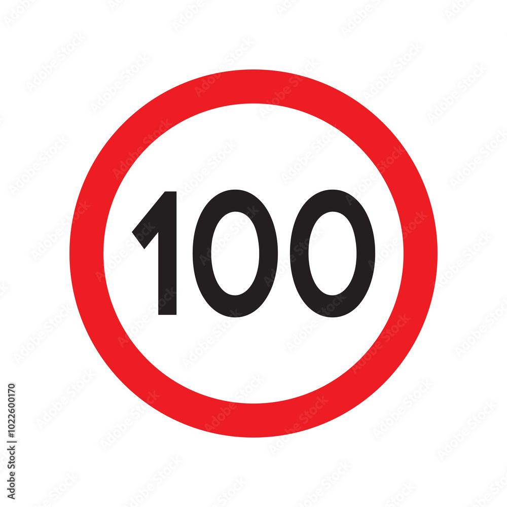 Speed limit 100 traffic sign. Restriction symbol for car drivers. Road speed limit maximum 100 kmh or mph isolated on white background. Vector illustration. Speed limit 100 traffic sign. Restriction symbol for car drivers. Road speed limit maximum 100 kmh or mph isolated on white background. Vector illustration.