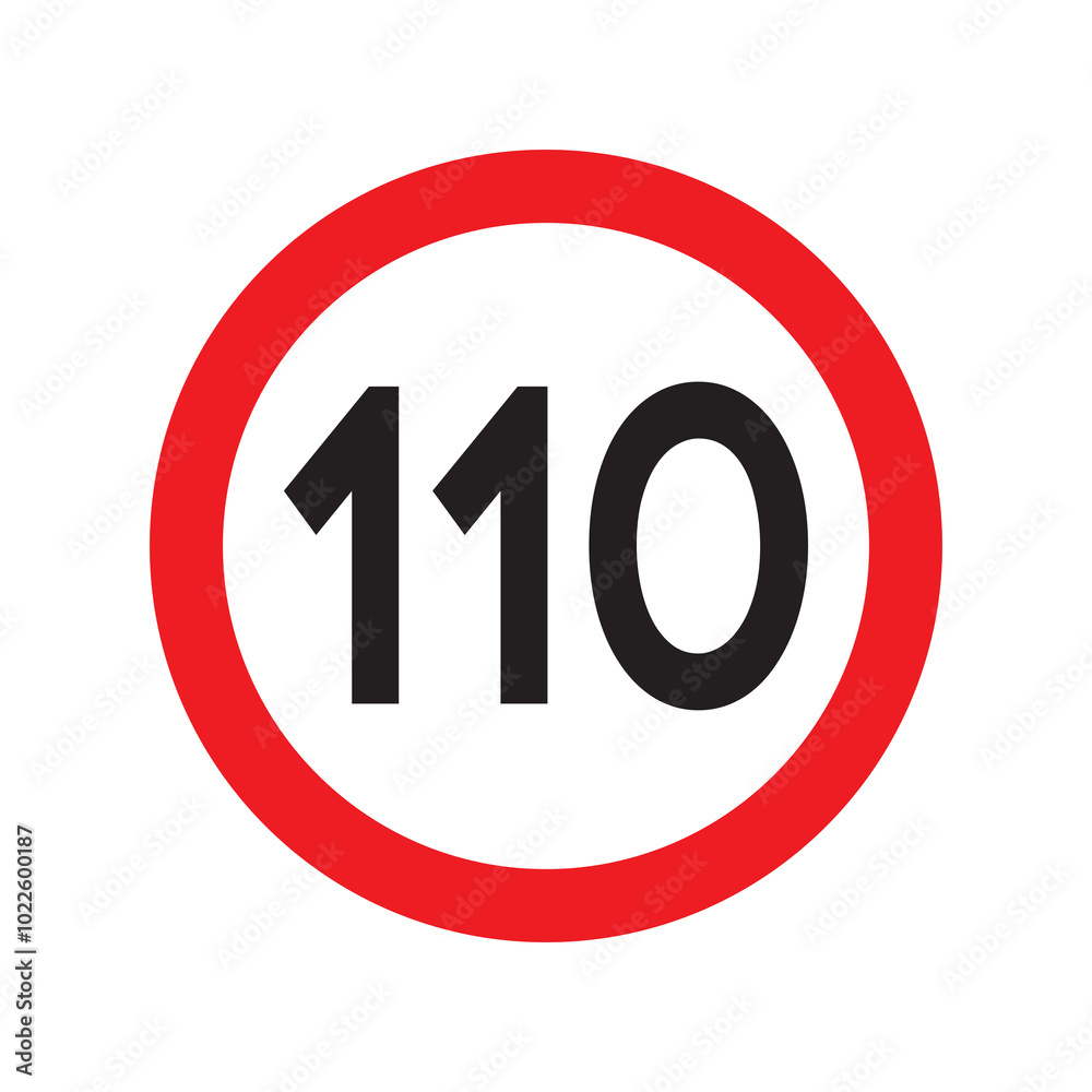 Speed limit 110 traffic sign. Restriction symbol for car drivers. Road speed limit maximum 110 kmh or mph isolated on white background. Vector illustration. Speed limit 110 traffic sign. Restriction symbol for car drivers. Road speed limit maximum 110 kmh or mph isolated on white background. Vector illustration.