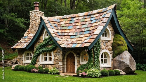 whimsical, fairytale-style stone cottage nestled in a lush, green forest setting.