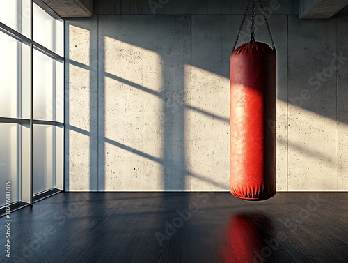 Red punching bag hanging from the ceiling, shades of window on the wall with natural lights, sports, boxing and martial arts photo