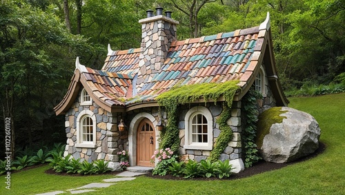 whimsical, fairytale-style stone cottage nestled in a lush, green forest setting.