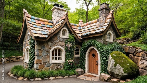 whimsical, fairytale-style stone cottage nestled in a lush, green forest setting.