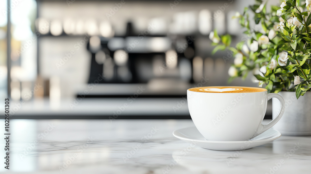 A freshly brewed cup of coffee sits elegantly on a marble countertop, complemented by a small green plant in the background, creating a cozy and inviting cafe atmosphere. A freshly brewed cup of coffee sits elegantly on a marble countertop, complemented by a small green plant in the background, creating a cozy and inviting cafe atmosphere.