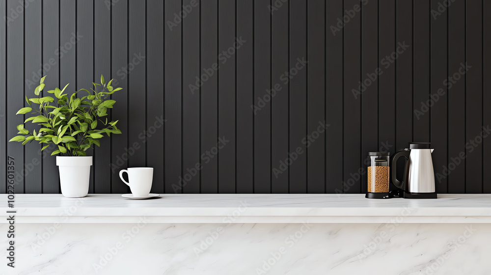 A minimalist countertop scene featuring a green plant in a white pot, a white mug on a saucer, and elegant coffee containers against a sleek black wooden wall. A minimalist countertop scene featuring a green plant in a white pot, a white mug on a saucer, and elegant coffee containers against a sleek black wooden wall.