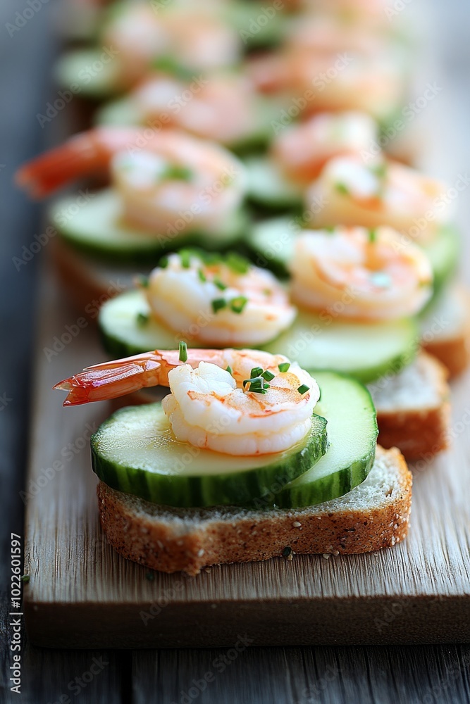 Pequeños bocados de pan cubiertos con rodajas de pepino y camarones frescos, decorados con hierbas sobre una tabla de madera.
Pequeños bocados de pan cubiertos con rodajas de pepino y camarones frescos, decorados con hierbas sobre una tabla de madera.