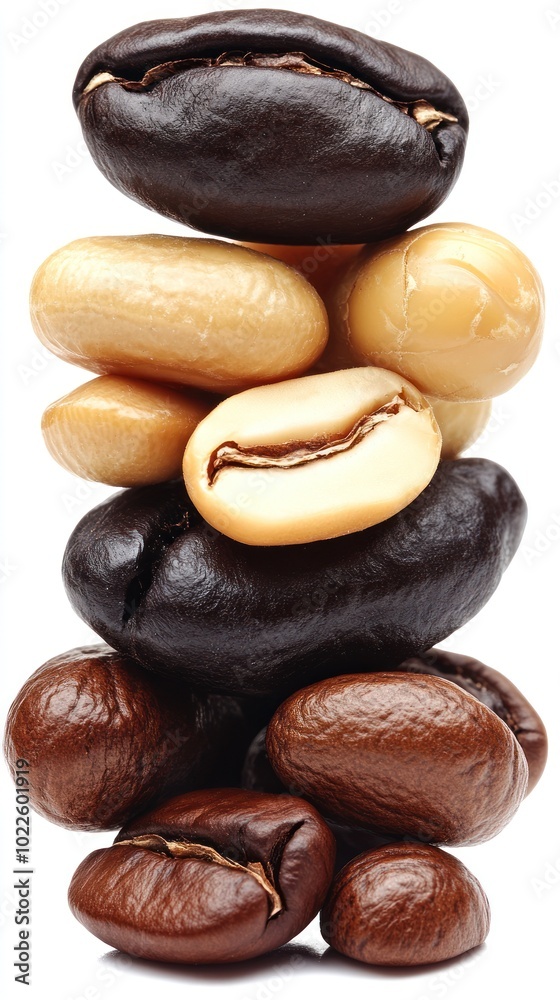 A stack of various coffee beans showcasing different types and colors. A stack of various coffee beans showcasing different types and colors.