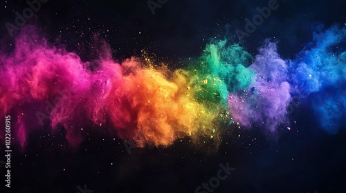 colorful rainbow holi paint color powder explosion garland banner isolated on dark black wide panorama background. peace rgb beautiful party concept