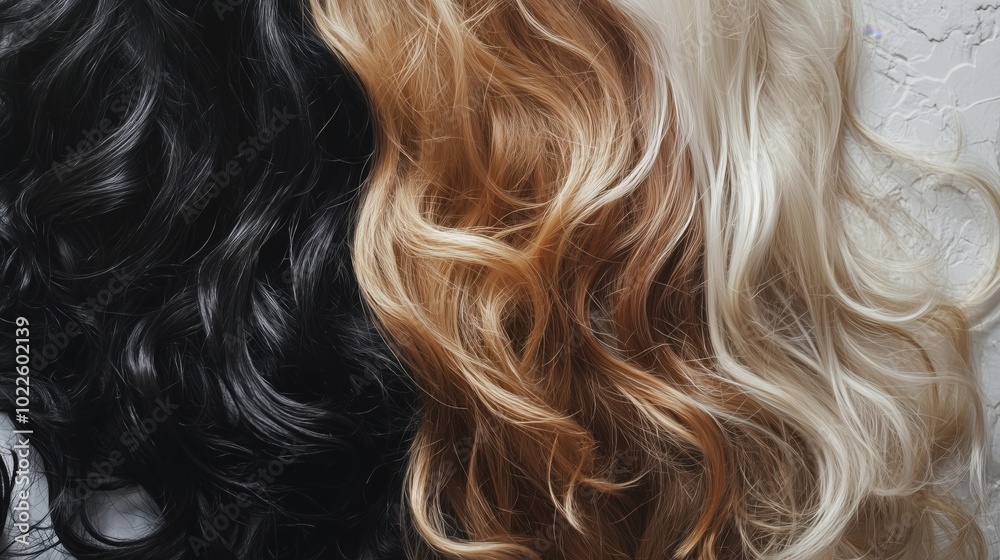 Wavy hair strands in black, brown, blonde colors, showcasing texture and shine Wavy hair strands in black, brown, blonde colors, showcasing texture and shine