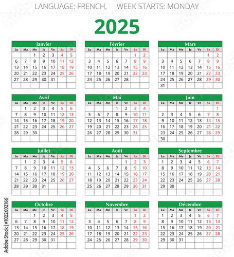 2025 french calendar. Editable vector illustration for France. 12 months calendrier