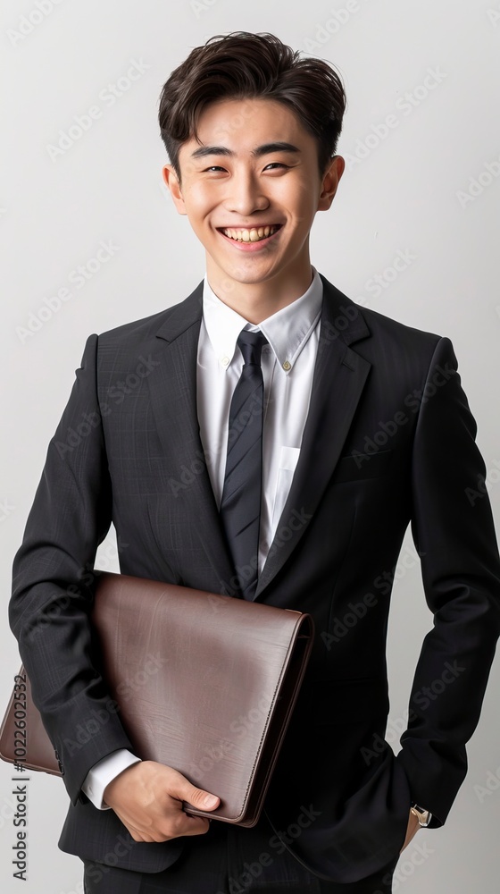 Happy and confident Chinese Girl with a dark brown document case in her hand against White wall waiting in formal dress in office environment , Best Job Candidate Happy and confident Chinese Girl with a dark brown document case in her hand against White wall waiting in formal dress in office environment , Best Job Candidate