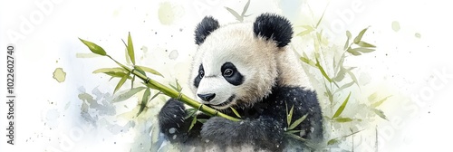 A cute and cuddly panda munching on bamboo, painted with soft and whimsical Chinese Watercolor Techniques