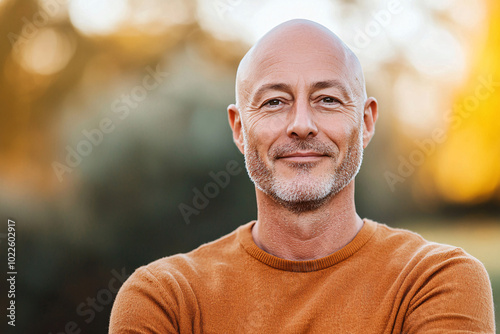 A smiling man with a bald head and a beard, wearing an orange sweater, poses outdoors against a blurred natural background. photo