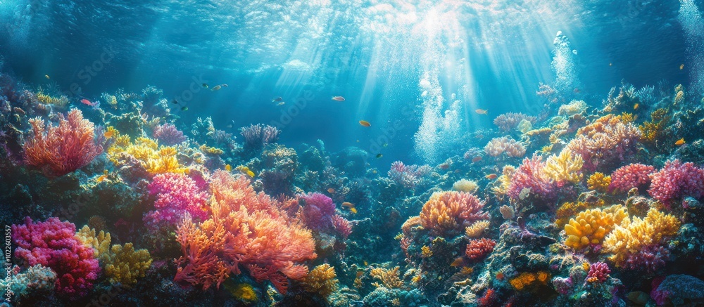 Naklejka premium Vibrant coral reef with sunlight streaming through the water.