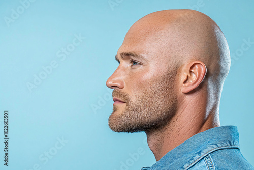 A profile portrait of a bald man with a well-defined jawline and beard, set against a light blue background. photo