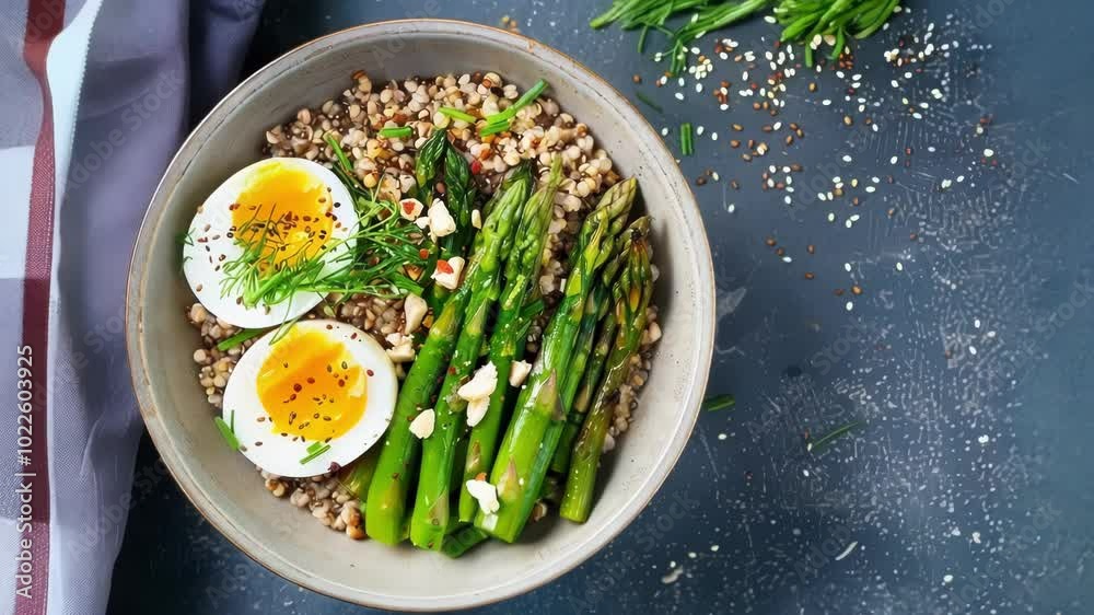 Healthy breakfast bowl with buckwheat, asparagus, boiled eggs and nuts on a dark background. Dietary menu for a healthy lifestyle
