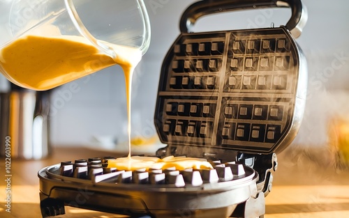 Pouring waffle batter into hot waffle iron from glass cup