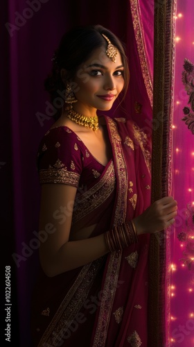 Portrait of Indian woman in rich burgundy saree with gold accents, opening the door for guests, with a burgundy to soft pink gradient glowing backdrop, Indian traditional Diwali festival, Diwali