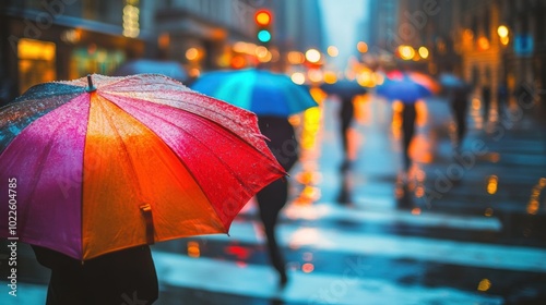Wallpaper Mural people crossing the street in the rain, colorful umbrellas, soft, glowing light leaks adding , atmospheric feel  Torontodigital.ca