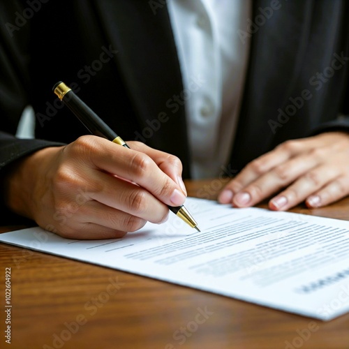 A businessman in a suit sits at a table, holding a pen and signing a contract 