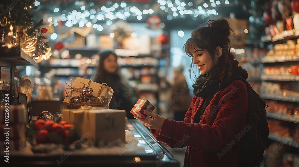 A person presenting a small gift to a store clerk behind a checkout counter adorned with festive decorations, background showing shelves lined with Christmas ornaments, soft lighting, A person presenting a small gift to a store clerk behind a checkout counter adorned with festive decorations, background showing shelves lined with Christmas ornaments, soft lighting,