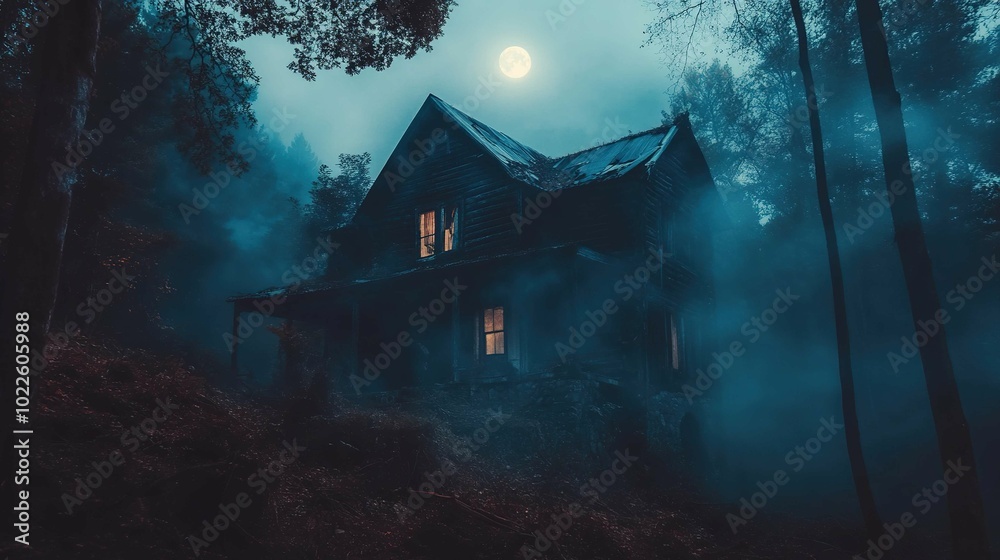 Old house with a Ghost in the forest at night or Abandoned Haunted Horror House in fog. Old mystic building in dead tree forest. Trees at night with moon. Surreal lights. Horror Halloween concept Old house with a Ghost in the forest at night or Abandoned Haunted Horror House in fog. Old mystic building in dead tree forest. Trees at night with moon. Surreal lights. Horror Halloween concept