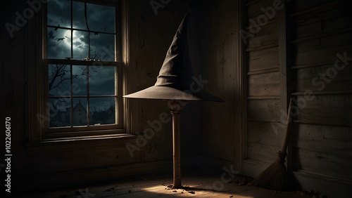 Witch's Hat and Broomstick by a Cracked Window: Eerie Shadows in a Dark, Haunted Room photo