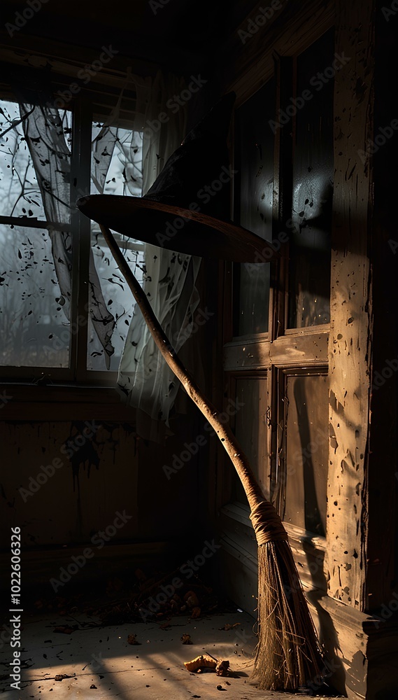 Witch's Hat and Broomstick by a Cracked Window: Eerie Shadows in a Dark, Haunted Room Witch's Hat and Broomstick by a Cracked Window: Eerie Shadows in a Dark, Haunted Room