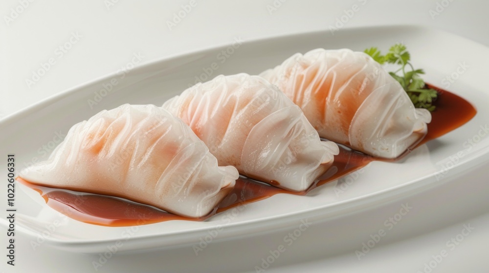 Three dumplings with sauce on a white plate Three dumplings with sauce on a white plate