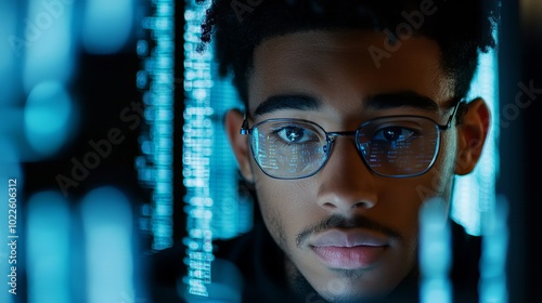 Close-Up of a Young Computer Programmer Concentrating on Laptop Screen with Coding photo