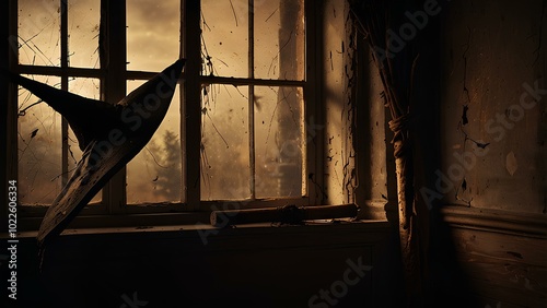 Witch's Hat and Broomstick by a Cracked Window: Eerie Shadows in a Dark, Haunted Room photo