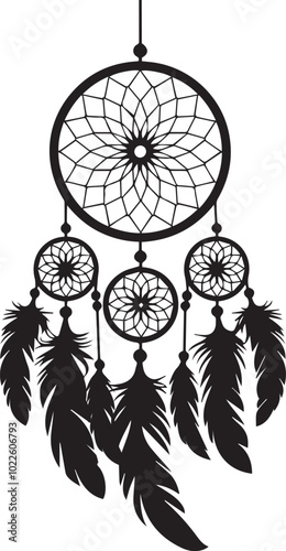 Black Dreamcatcher Silhouette with Flowing Feathers and Web for Bohemian and Spiritual Designs, Dream catcher vector, Dream catcher