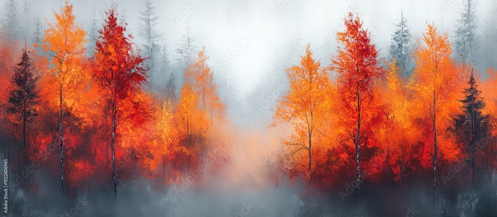 A foggy forest path with vibrant fall foliage, creating a sense of mystery and tranquility. A foggy forest path with vibrant fall foliage, creating a sense of mystery and tranquility.