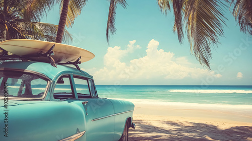 Vintage Car Parked on the Tropical Beach (Seaside) with a Surfboard on the Roof - Leisure Trip in the Summer. Retro Color Effect: A nostalgic scene of a vintage car with a surfboard 