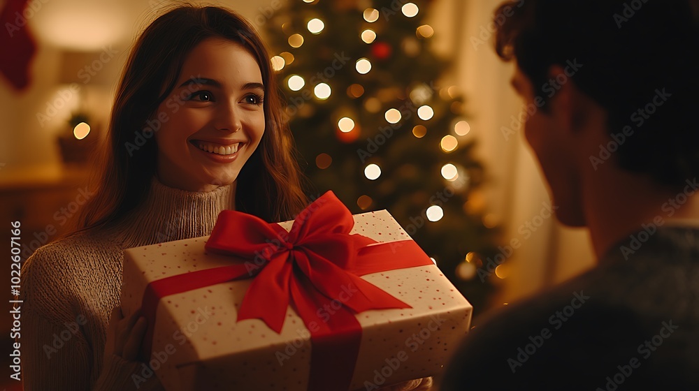 A smiling family member receiving a large gift box with a red bow from another relative, expressions of joy and excitement, cozy living room setting with a Christmas tree in the background, A smiling family member receiving a large gift box with a red bow from another relative, expressions of joy and excitement, cozy living room setting with a Christmas tree in the background,