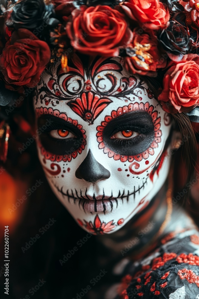 A woman showcases elaborate sugar skull makeup for the Day of the Dead celebration, adorned with a vibrant floral crown and ornate designs on her face, embracing cultural heritage A woman showcases elaborate sugar skull makeup for the Day of the Dead celebration, adorned with a vibrant floral crown and ornate designs on her face, embracing cultural heritage